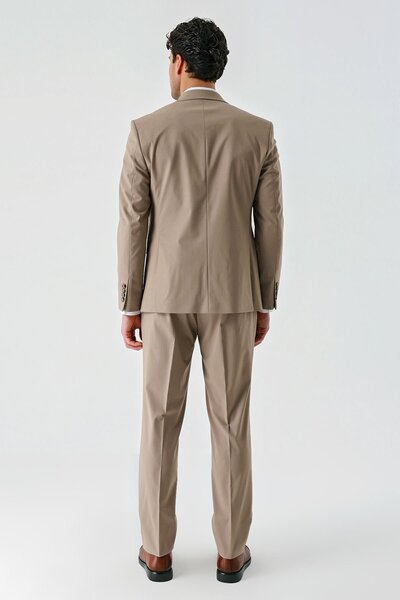 İmza Koyu Camel Gabardin Kırlangıç Yaka Yelekli Likralı 6 Drop Slim Fit Klasik Takım Elbise 1001240188