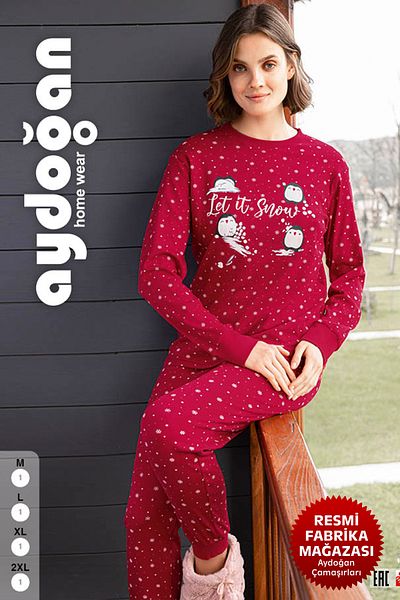 Aydoğan Red Rib Pajama Set - Crew Neck, 100% Cotton, Long Sleeve - Aydogan ®