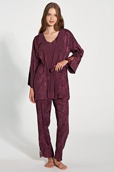 Feyza Women's 3-Piece Woven Jacquard Plum Dressing Gown & Pajama Set C6T2N1O5