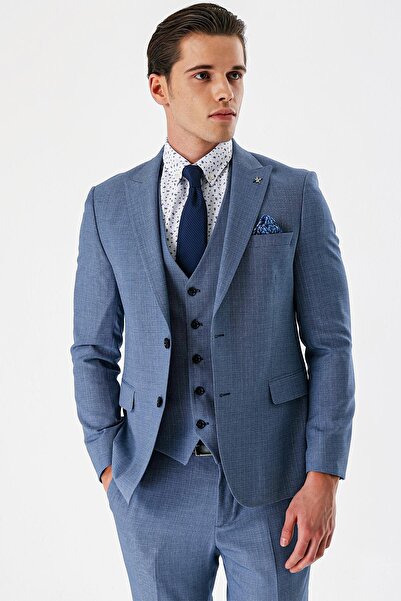 İmza İndigo Mavi Desenli Kırlangıç Yaka Yelekli 6 Drop Slim Fit Dar Kesim Klasik Takım Elbise 1001240157