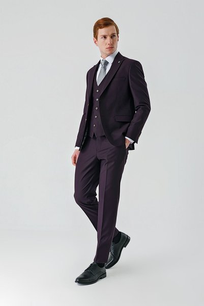 İmza Mor Kırlangıç Yaka Yelekli 6 Drop Slim Fit Tam Astar Takım Elbise 100124...
