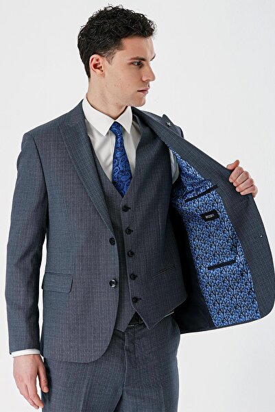 İmza Koyu Lacivert Kırlangıç Yaka Yelekli 6 Drop Slim Fit Klasik Takım Elbise 1001240157