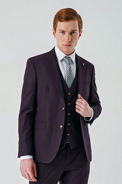 İmza Plum Gabardine Swallow Collar Vest 6 Drop Slim Fit Classic Suit1001240187