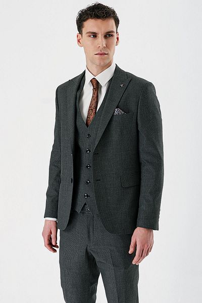İmza Dark Anthracite Swallow Collar Vest 6 Drop Slim Fit Classic Suit 1001240155