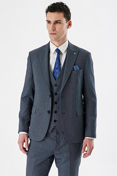 İmza Koyu Lacivert Kırlangıç Yaka Yelekli 6 Drop Slim Fit Klasik Takım Elbise 1001240157