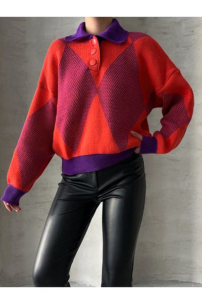 BEJNA Orangefarbener Oversize-Pullover mit Polokragen für Damen