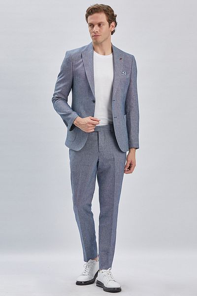 İmza Dark Navy Blue 6 Drop Slim Fit Cotton Linen Suit - Swallow Collar1001240103