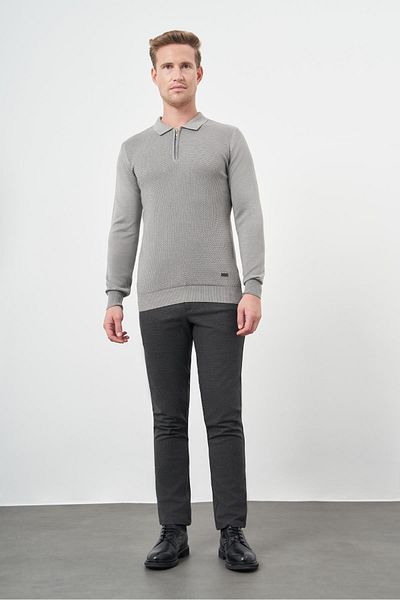 İmza Gray Long Sleeve Self Patterned Knitted Polo Collar Classic Comfort Fit Knitwear 1012245156