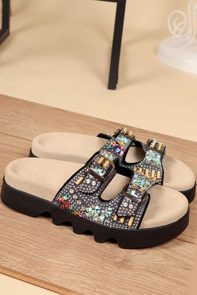 Birikon Papuci 100% piele naturală Stone cu bandă dublă NEGRE