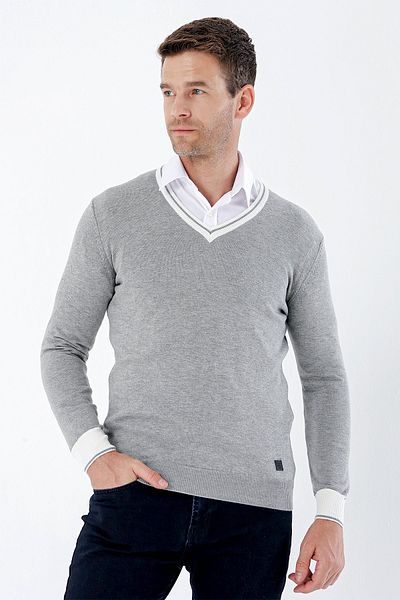 İmza Gray Long Sleeve Patterned Knitted V-Neck Cotton Classic Comfort Fit Knitwear 1012235168