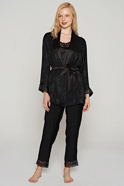 Feyza Costum negru din 3 piese din jacquard țesut și pijamale pentru femei C2T2N1O5