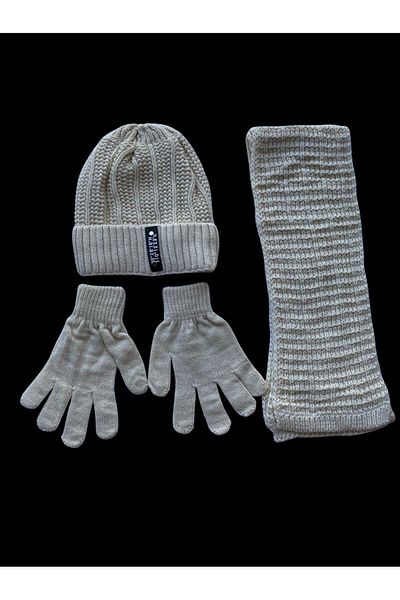 Kitti Cream Colored Acrylic Beanie for Boys 9-15 Years Old - Non-Fleece, Gloves 3-Piece Set