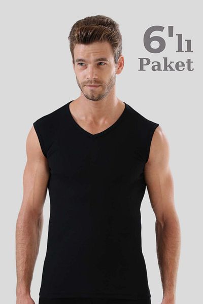 Arma Yıldız 6 Pieces Black Sleeveless Men's Athlete V-Neck Zero Sleeve T-Shirt 100% Cotton