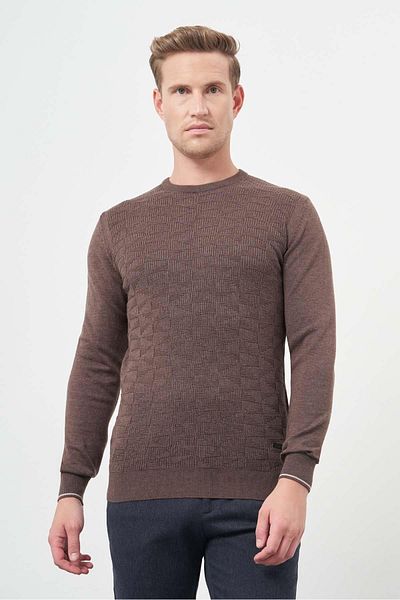 İmza Кафяв пуловер Slim Fit - Дълъг ръкав, Плетена с шарки, Обло деколте 1012245200