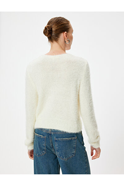 Koton Peluş Triko Hırka V Yaka Düğmeli Uzun Kollu