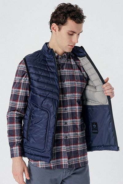 İmza Dark Navy Blue Stand Collar Filled Casual Puffer Vest1009235153