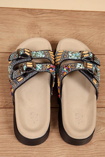 Birikon 100% Genuine Leather Stone Double Banded Slippers Black