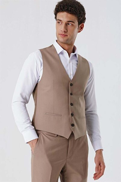 İmza Σκούρο μπεζ κλασικό γιλέκο με λαιμόκοψη 1009230104