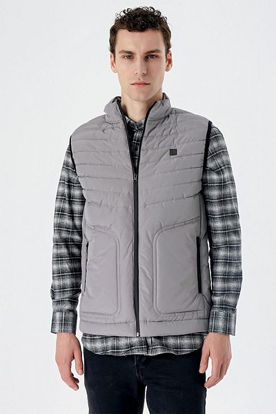 İmza Stand Collar Gray Puffer Vest - Filled, Casual1009235152