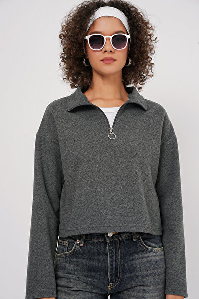 Bigdart 55449 Anthracite Color Knitted Sweatshirt - Zip Collar
