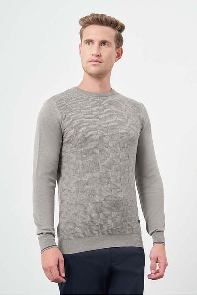İmza Gray Long Sleeve Self Patterned Knitted Crew Neck Classic Slim Fit Knitwear 1012245200