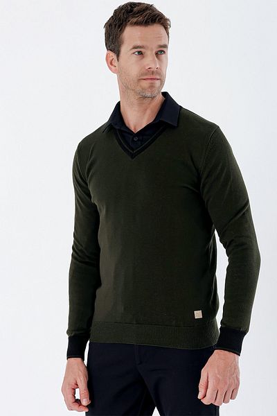 İmza Dark Khaki Long Sleeve Patterned Knitted V-Neck Cotton Classic Comfort Fit Knitwear 1012235168