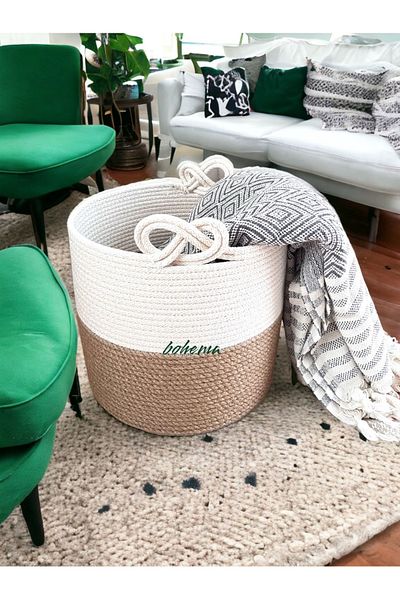Bohemahomedecor Декоративна кошница от ракита от юта, кошница за одеяла, кошница за подаръци, кошница за пране, саксия за цветя