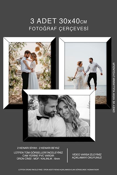 bymat 3 Pieces 30X40 Frame - Mdf A3 Frame - Photo Frame - Black-White 2 Color Frame