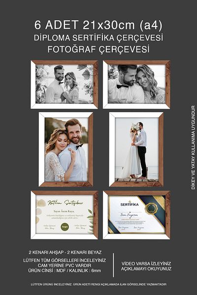 bymat 6 Pieces 21X30 Frame - Mdf A4 Frame - Photo Frame - Wood-White 2 Color Diploma Frame