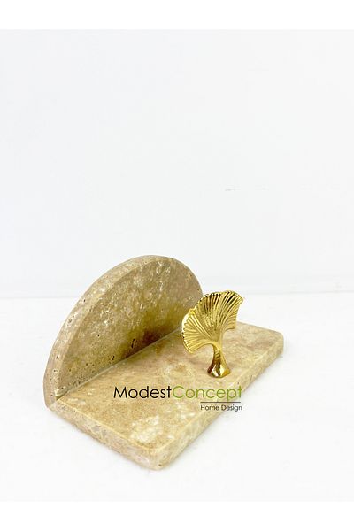 Modestmar Travertine Marble Napkin Holder Gold Gingko Object Semicircle Napkin Holder