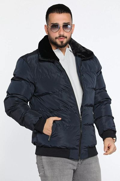 MİSHAR İTALİA Navy Blue Lined Men's Puffer Jacket with Fur Collar