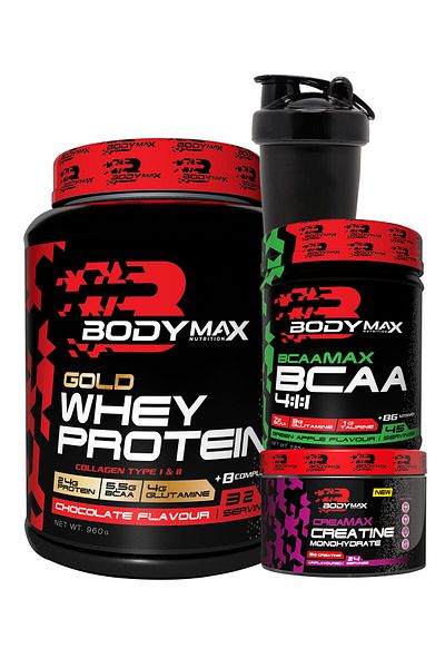 BODYMAX Gold Whey Protein Powder 960g Chocolate + Bcaamax Bcaa 585g Green Apple + Creamax Creatine 120g