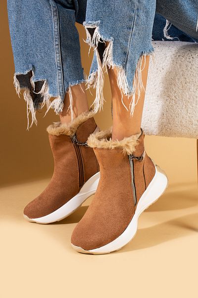 Pembe Potin New Season Tan Suede Γυναικείες ζεστές και κομψές αθλητικές μπότες με φερμουάρ