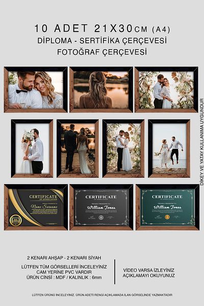 bymat 10 Pieces 21X30 Frame - Mdf A4 Frame - Photo Frame - Wood-Black 2 Color Diploma Frame