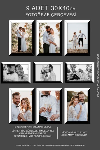 bymat 9 Pieces Black-White 30X40 Mdf A3 Frame - Photo Frame
