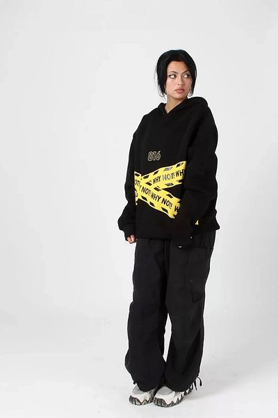 Bak Moda Why Not Printed Oversize Unisex Premium Black Hoodie