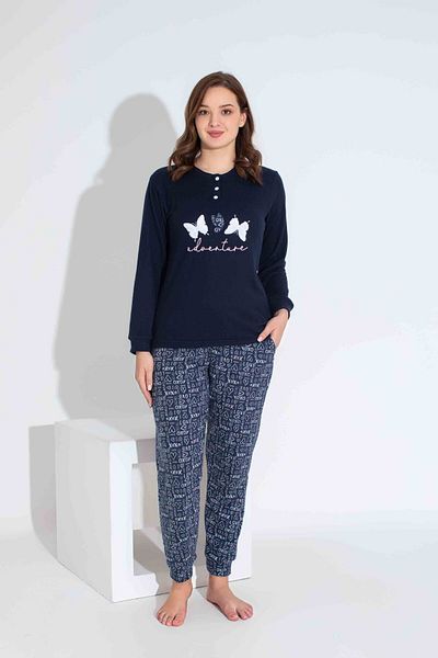 Tarık Women's Navy Blue Butterfly Embroidered Mother Girl Combination Thermal Winter Warm Soft Pajamas Set