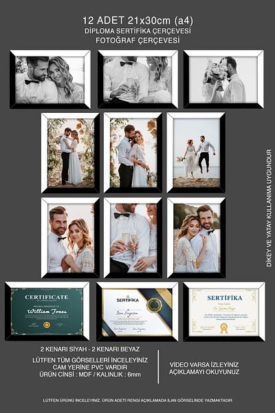 bymat 21X30 Mdf A4 Photo Frame - 12 Black-White Diploma Frames