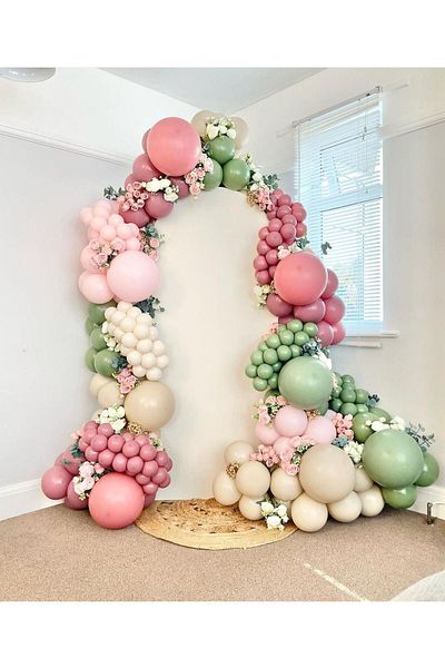 eğlencemarketi Retro Rosewood White Macarons Pink and Eucalyptus Balloon Chain 100 Pcs