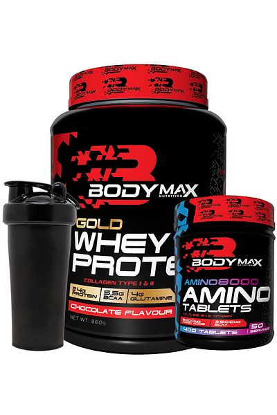 BODYMAX Gold Whey Protein 960Gr - Chocolate Flavored, Amino8000 Acid Tablets + Shaker Gift