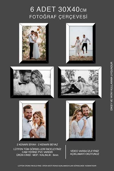 bymat 6 Pieces 30X40 Mdf A3 Frame - Photo Frame - Black-White 2 Color Frame