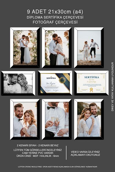bymat 9 Pieces 21X30 Mdf A4 Frame - Black-White Photo Frame - Diploma Frame