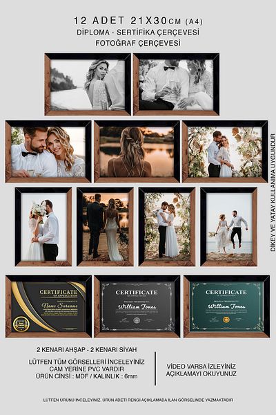 bymat 21X30 Mdf A4 Frame - 12 Black and Wooden Color Photo Frame - Diploma Frame