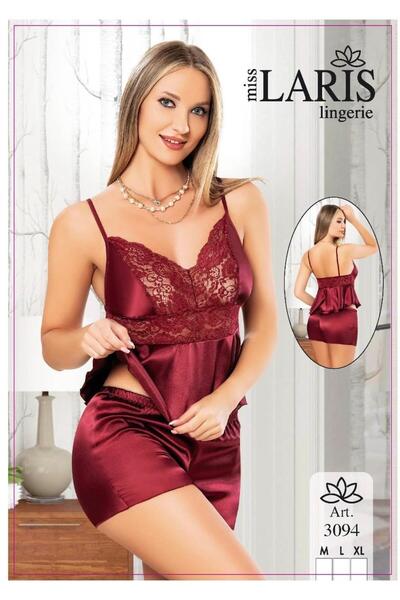 Miss Laris Lingerie طقم ثوب نوم من الساتان باللون العنابي مع شورت