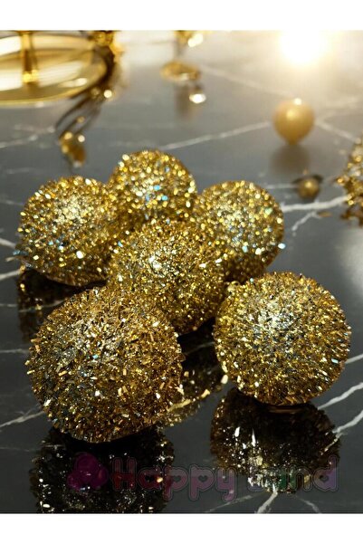 Happyland Yılbaşı Ağacı Çam Ağacı Süsü Gold Parıltılı Model 6 Adet Yılbaşı Topu 6 Cm Cici Top