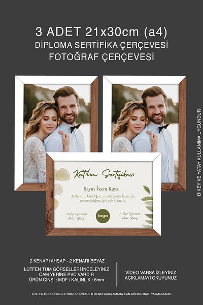 bymat 3 Pieces 21X30 Mdf A4 Frame - Photo Frame - Wood-White 2 Colors Diploma Frame