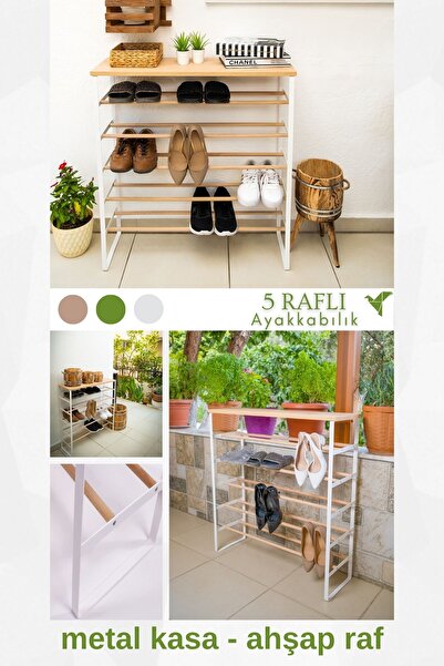 Evnalia 5 Raflı Metal Ayak Ahşap Raf Hafif Taşınabilir Kolay Kurulum Açık Kap...