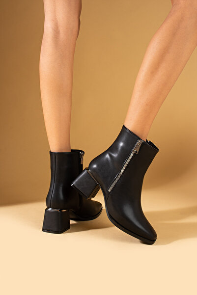 Pembe Potin Kadın Siyah Kısa Özel Metal Topuk Rahat Taban Sıcak Astar Şık Klasik Bot