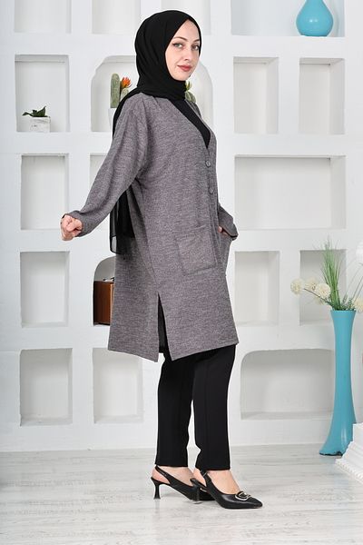 Kuraff Giyim Women's Molina Fabric Winter Large Size Buttoned Comfortable Fit Long Cardigan