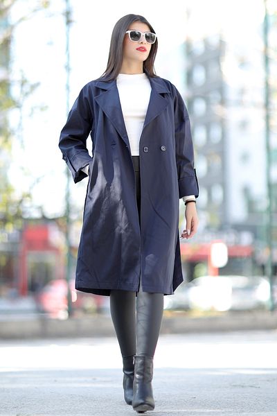 GİYSA Women's Belted Trench Coat Navy Blue Capri Sleeve Lined Pocket Buttoned - 9104